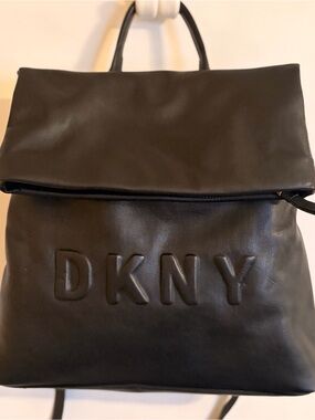 DKNY Black Embossed Leather Fold-Top Backpack